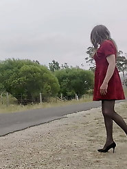 Crossdress road trip red dress